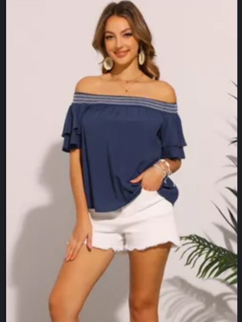 Boho Off-Shoulder Navy Blue Women's Top with Embroidered Neckline